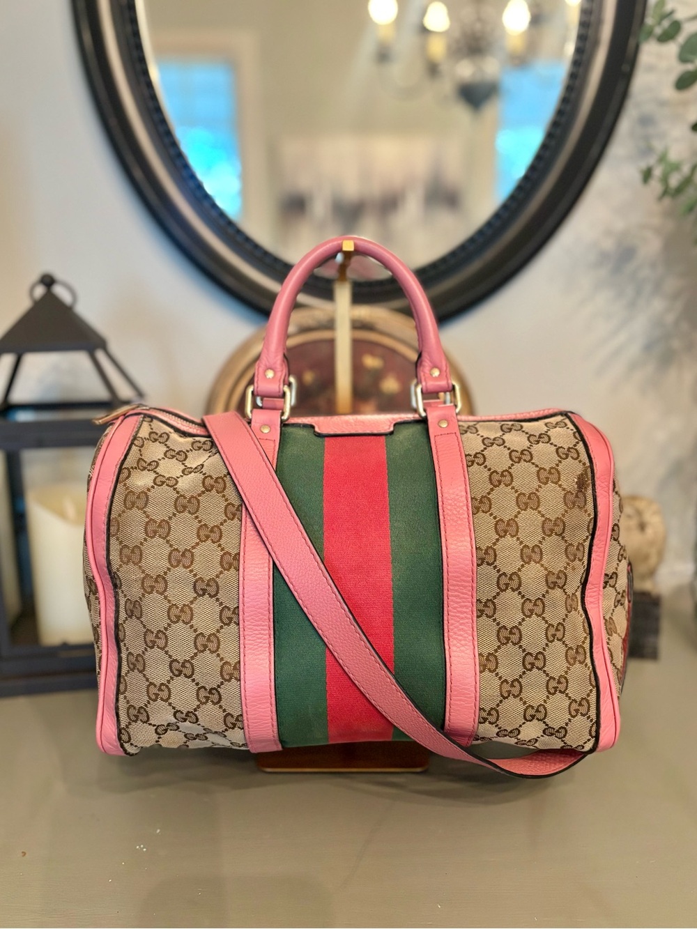 Gucci GG Canvas Web Boston Bag with Pink Trim